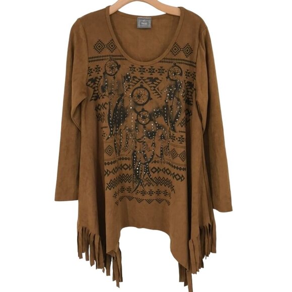 Vocal Brown native Aztec Print Fringe Tunic Top faux suede embellished size XL - Picture 1 of 12